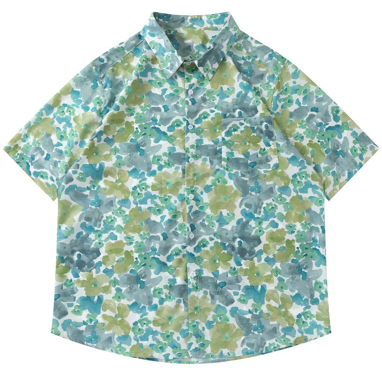 Faire Echo Contrasting Color Floral Print Short Sleeve Shirt Faire Echo