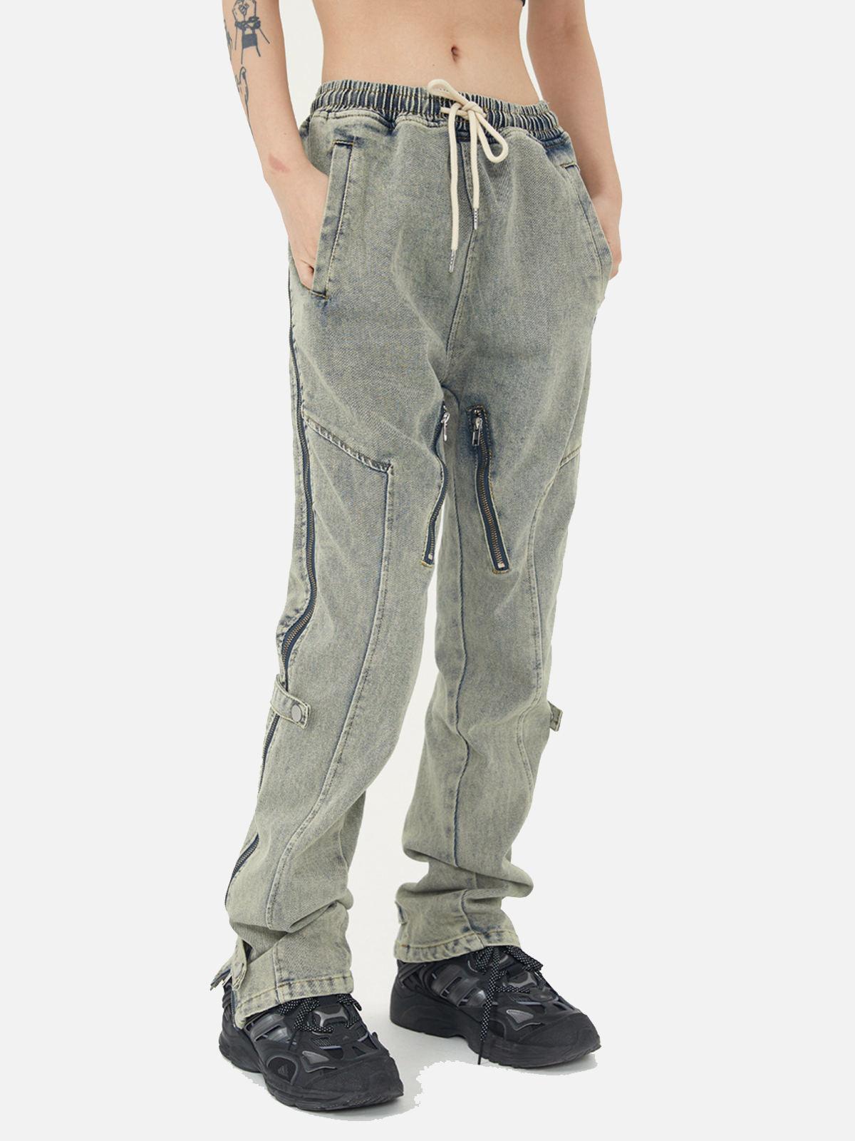 Faire Echo Washed And Distressed Zip Drawstring Jeans Faire Echo