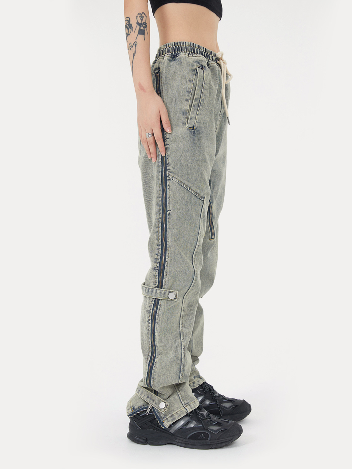 Faire Echo Washed And Distressed Zip Drawstring Jeans Faire Echo